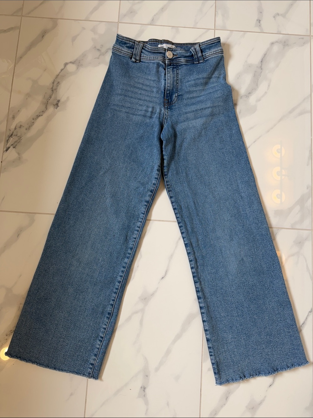 Zara Marine Wide Leg Ripped Frayed Bottom Denim Jeans Girls 13-14
